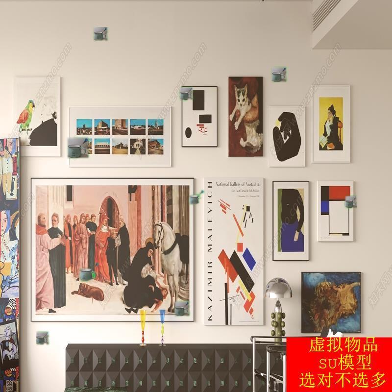 SU模型草图大师 现代装饰画组合屏风矮柜台灯挂画挂画组合