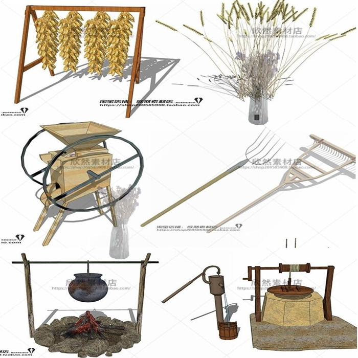 风车水车石磨稻草人大门独轮车农具谷仓院门水井草图大师SU模型