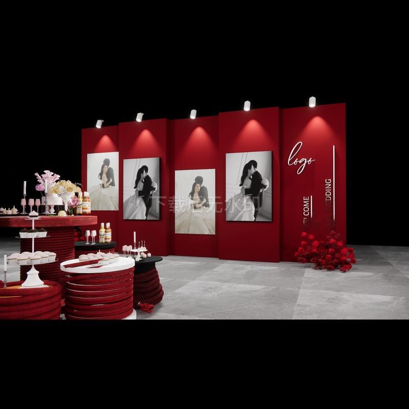 现代美陈 红色婚礼迎宾区 婚礼照片墙 背景 草图大师SU模型