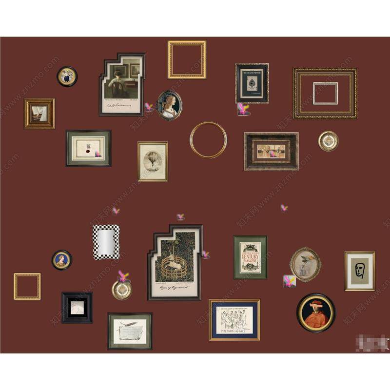 草图大师2289 美式复古装饰挂画 墙画 相框 旧照片 装饰墙 SU模型