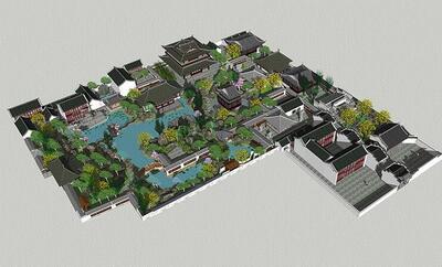 中式古典园林景观设计民宿景区古镇度假村酒店cad平面图SU模型