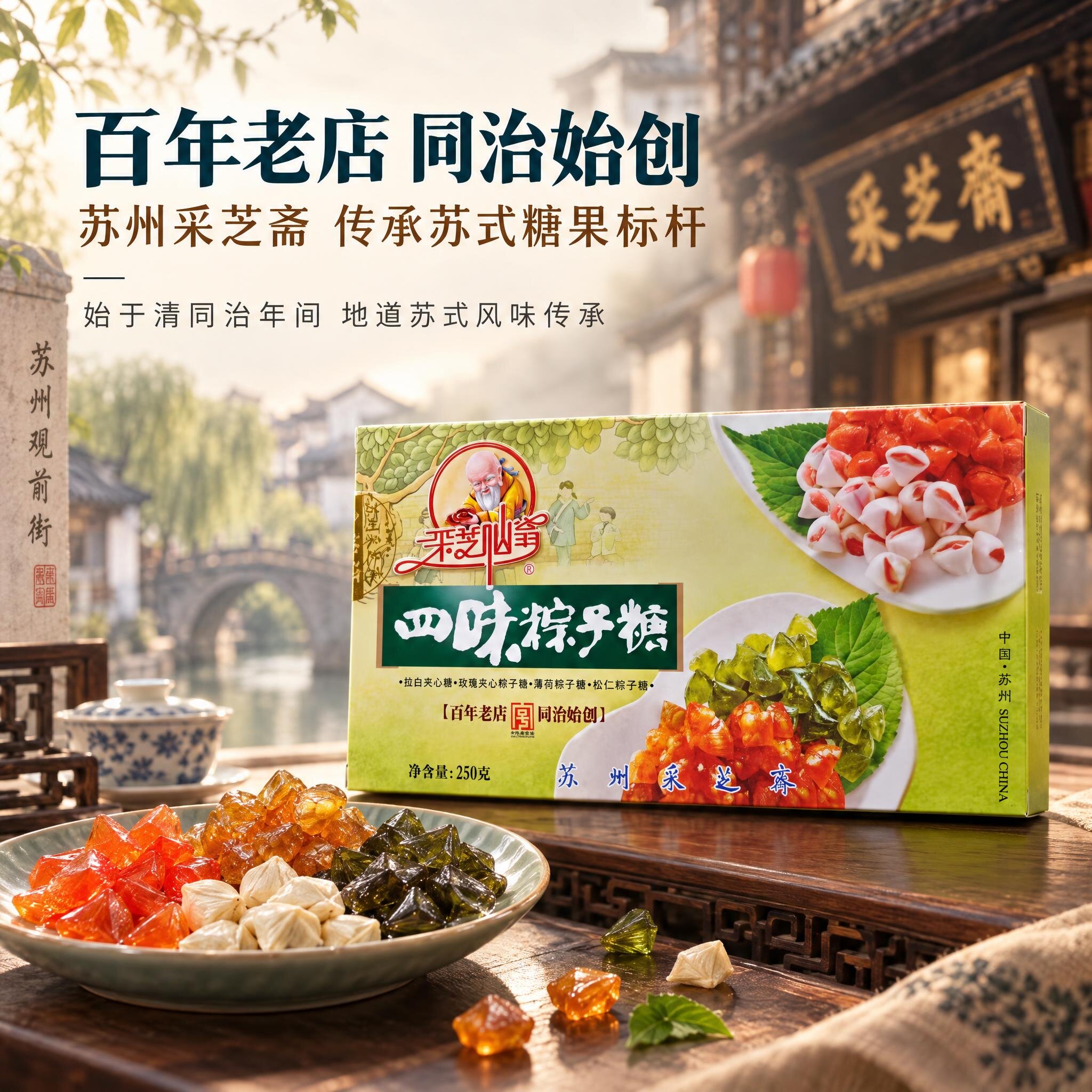 苏州特产采芝斋250g四味粽子糖(薄荷拉白松仁玫酱)颗粒透苏式糖果