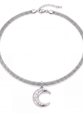 甜酷银色网织宽链珍珠月牙吊坠 choker 小众设计感月亮锁骨项链骨