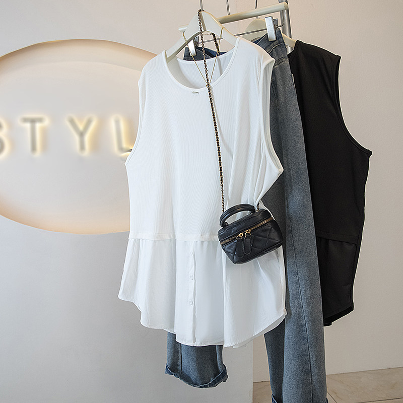 玖月大码女装韩版胖MM新韩版高级潮流无袖设计显瘦修身上衣