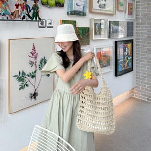 现货chic韩版 圆领简约休闲度假宽松百搭连衣裙 夏季 甜美清新花瓣袖