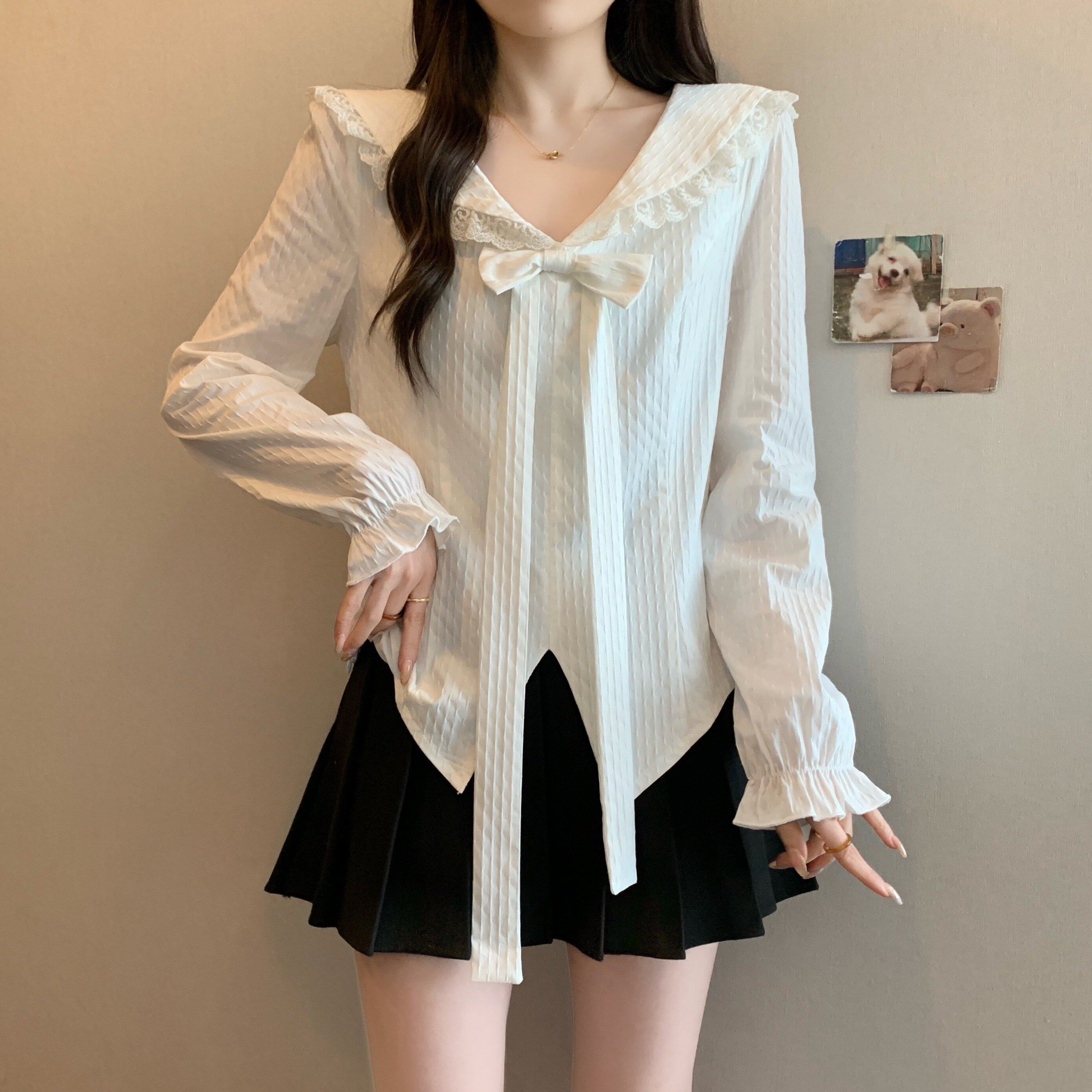 玖月大码法式蝴蝶结衬衫女设计感春季新款内搭白色修身显瘦衬衣