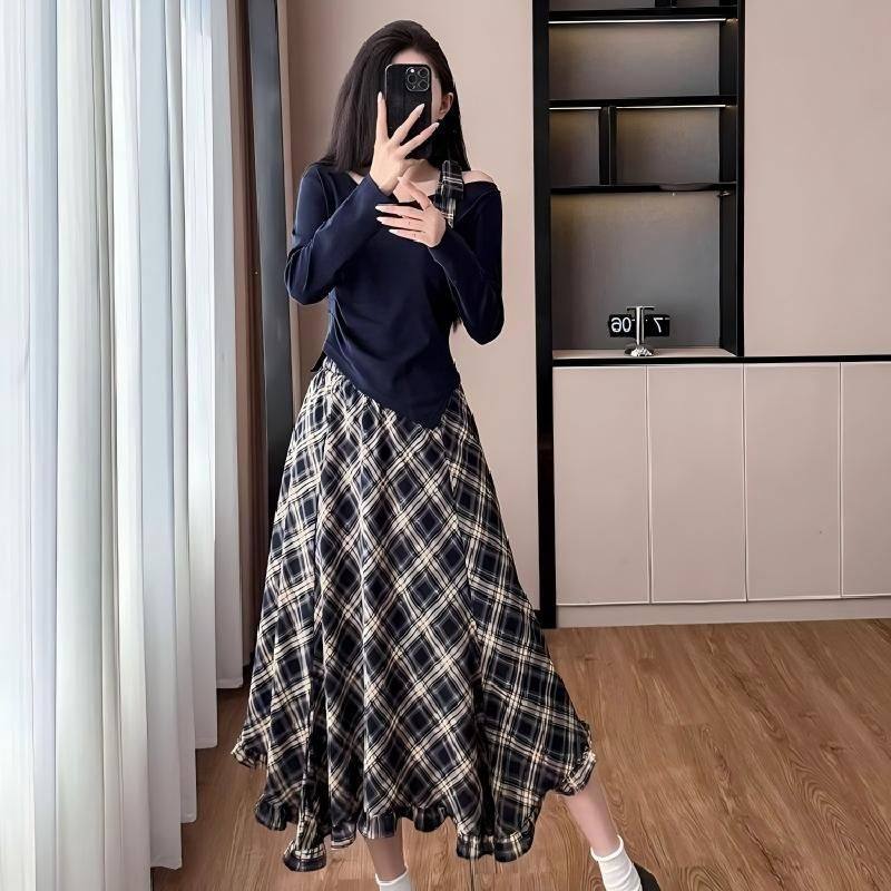 玖月复古露肩打底衫女秋不规则修身长袖t恤设计感上衣裙子两件套,女装/女士精品,休闲运动套装,淘宝优惠券,粉丝福利购,淘宝优惠卷