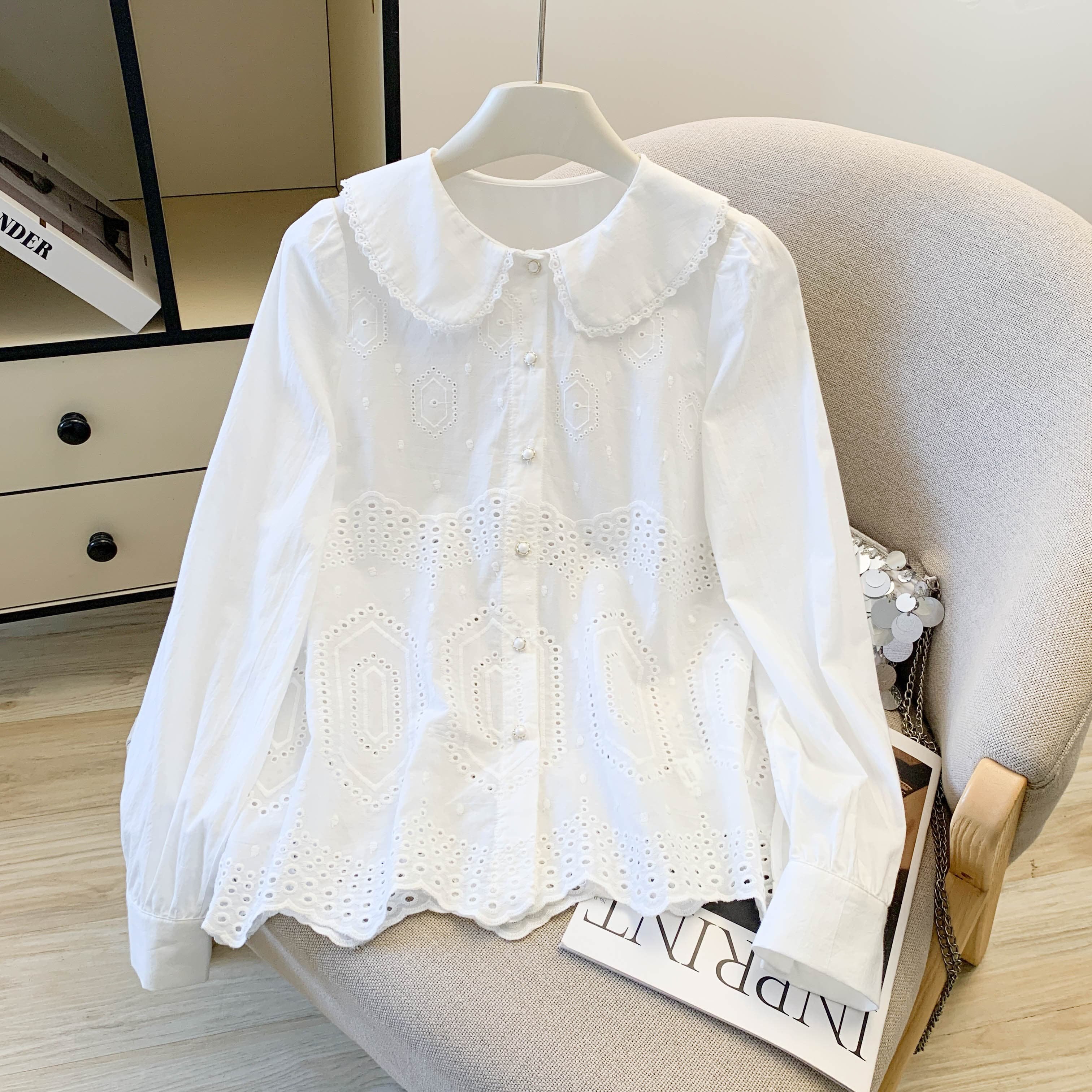 玖月日系花瓣领上衣春季新立体蝴蝶结单排扣长袖宽松娃娃领衬衫女,女装/女士精品,衬衫,淘宝优惠券,粉丝福利购,淘宝优惠卷