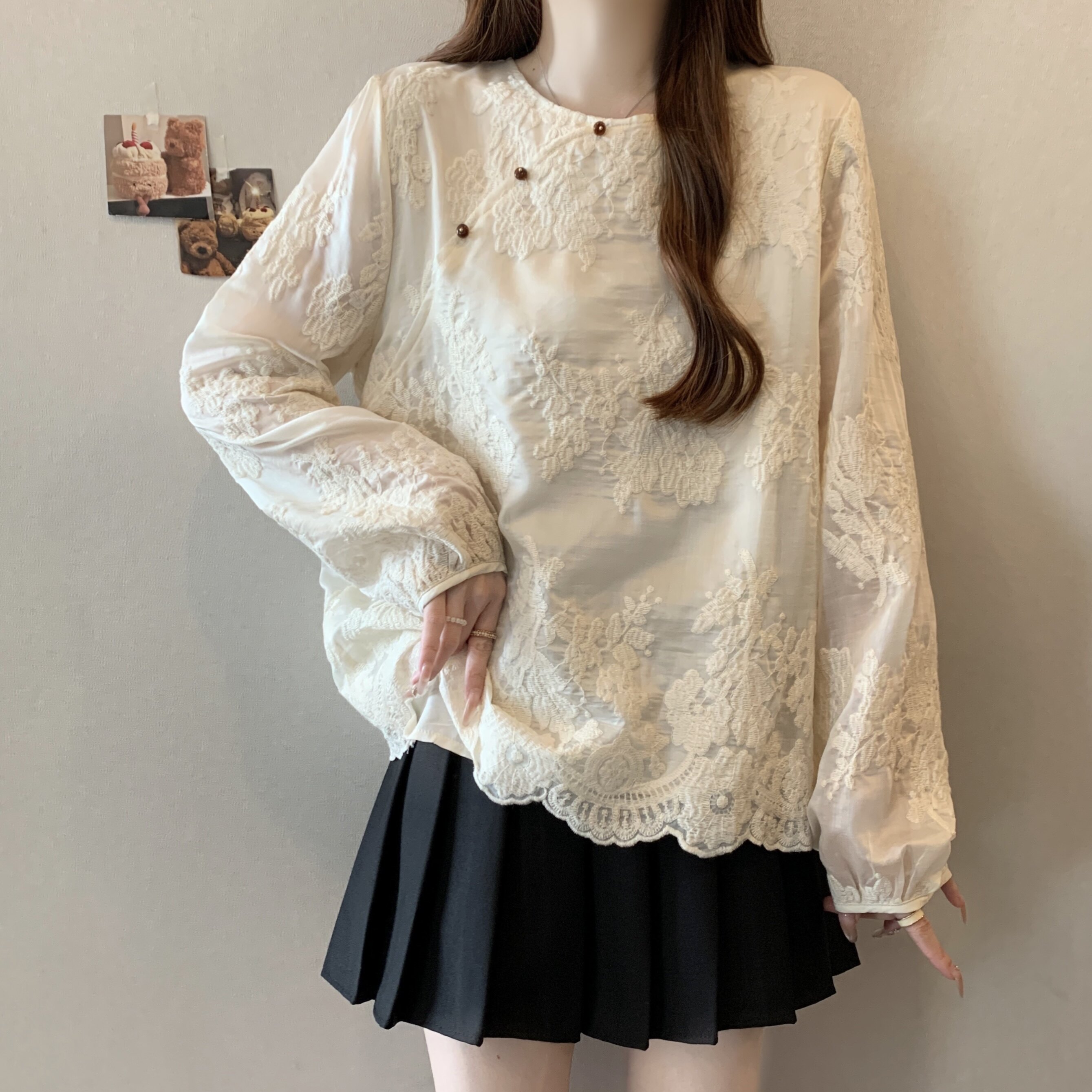 玖月大码设计感新中式钩花蕾丝衫胖mm春季新款温柔国风斜襟衬衫
