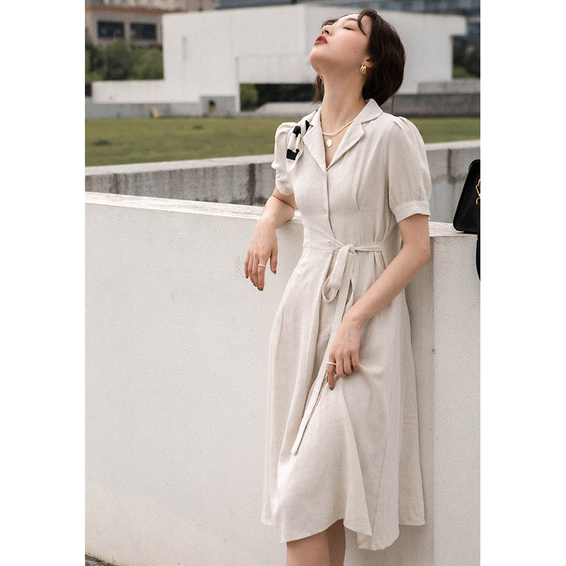 rinka大小姐夏季新款亚麻色西装领修身连衣裙女中长款泡泡袖裙子