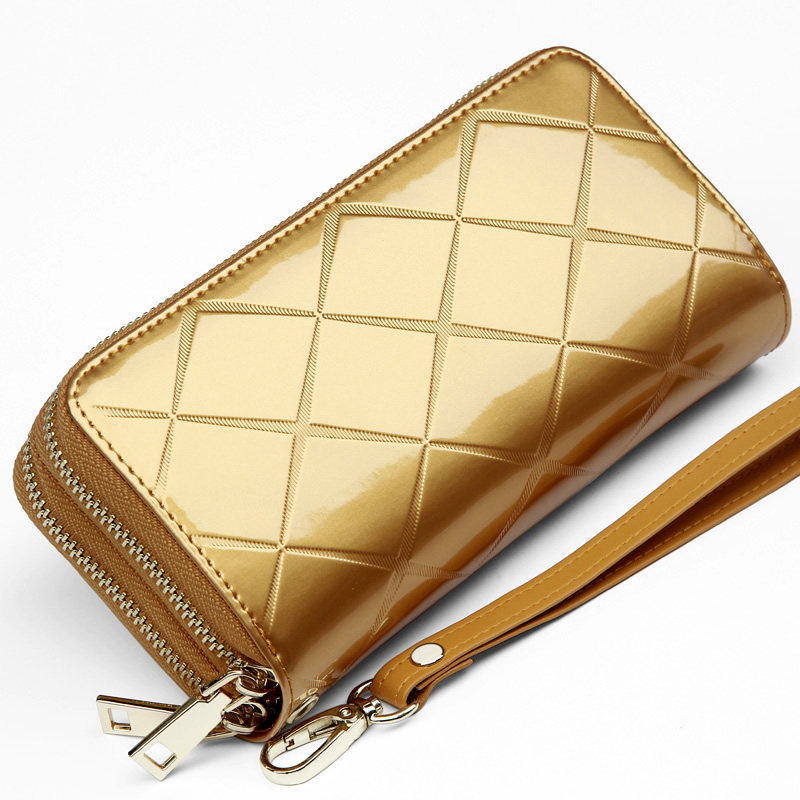 招财金色钱包大容量双拉链女式新款亮皮高级质感漆皮真皮菱格包包