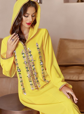 旅行出游拍照打卡亮黄色带帽钉钻连衣裙春服装中东迪拜长裙长袍女