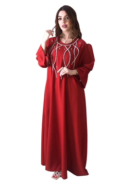 中东东南亚长袖长裙圆领春夏新款泡泡袖珍珠烫钻连衣裙红色长袍女