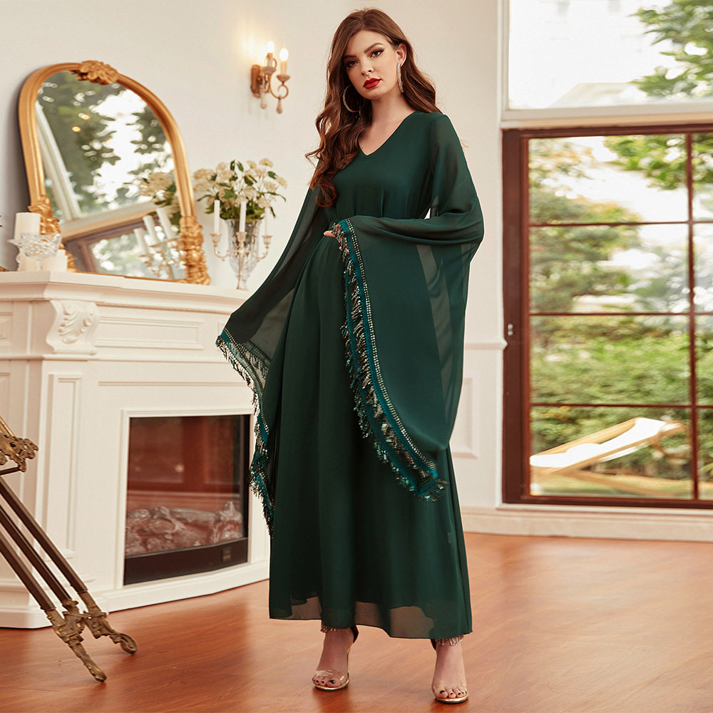 新高密雪纺流苏袖连衣裙Arab women long dress回族礼服长裙长袍