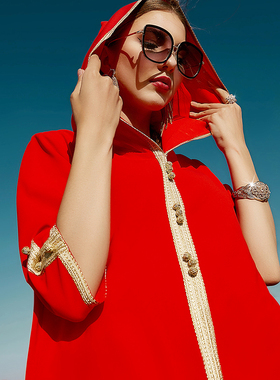 网红红色带帽款连衣裙摩洛哥土耳其中东长裙简约大码休闲女士长袍