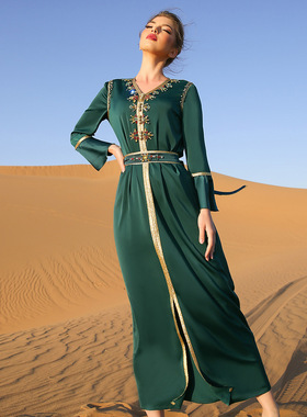 音同款中东宫廷裙礼服大码墨绿色荷叶边带腰带重工缝钻连衣裙长抖