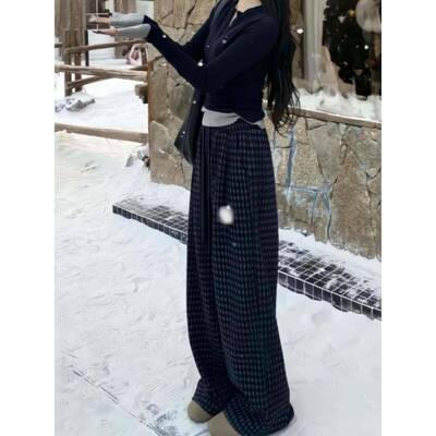 覆古格大纹加绒裤季子女25冬新m款码胖m宽松显瘦慵懒风垂EKU感阔