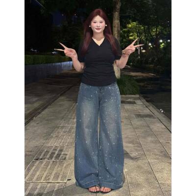 30斤美覆古钻牛仔裤女SDL秋季裤式子大尺码胖mm宽松显烫0瘦直筒阔