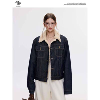 BZX冬O高级感牛仔羊羔毛绒外套女季新款加宽加厚SJG松显瘦夹克上