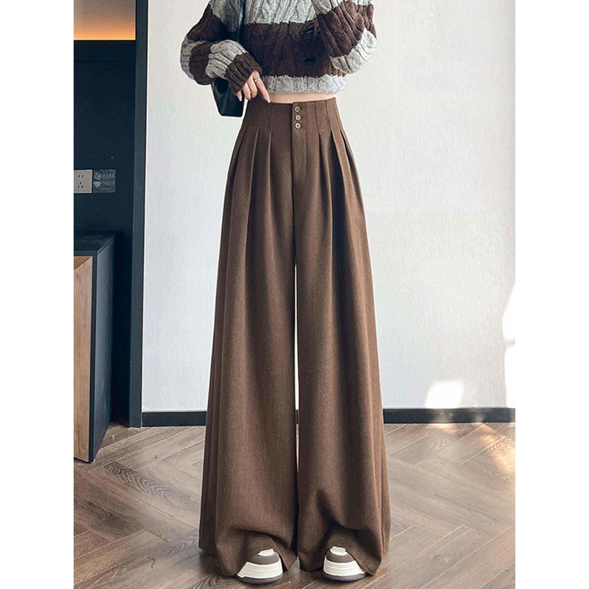 加绒加厚毛呢西裤冬装阔腿裤女秋梨高腰显瘦宽松垂感型身材拖PQO