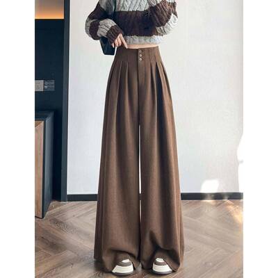 加绒加厚毛呢西裤冬装阔腿裤女秋梨高腰显瘦宽松垂感型身材拖PQO