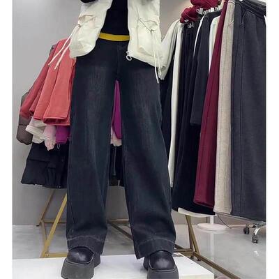 大尺码材205年春季新款高腰加绒加厚牛仔裤2梨形身显瘦古复阔腿DY