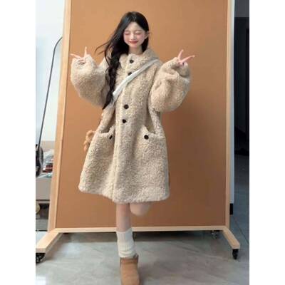 2025新款连帽羊羔毛绒外套女秋冬小加子韩系个懒风中长慵款厚PQM