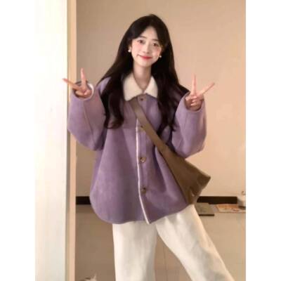 色ZLK季外套女205新款宽松百搭麂皮一2紫体翻领加绒加厚保暖羊冬