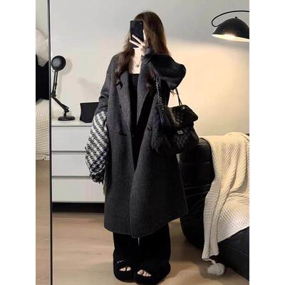 羽绒款内胆毛呢外套加女2HWJ025秋冬新高级感厚显瘦中款呢子大衣