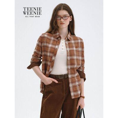 TeenieWeeYBInie小女装衬古衫20熊25秋季新款覆格纹时髦刺绣衬长