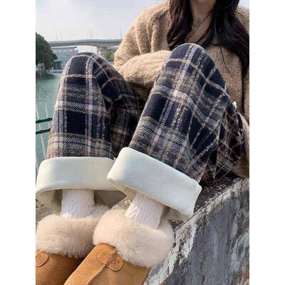 加厚格裤女2025绒年春秋冬新款加裤阔子高腰垂感休闲腿直AQF筒子