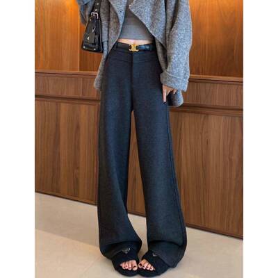 灰呢色羊毛阔腿裤女冬加绒加厚高腰垂感醋酸糯米秋直筒ZNH西装长