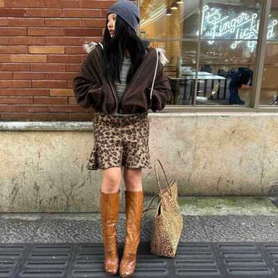 美式覆古豹纹小圈圈加厚WTQ毛呢半身新裙春设秋品百搭衆计感鱼尾