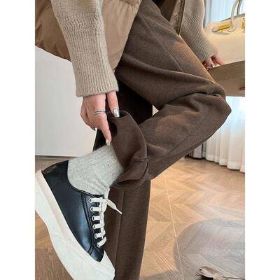 人子字纹毛呢阔腿裤女204MCU新款秋冬窄版加长小闲个直筒2加绒休