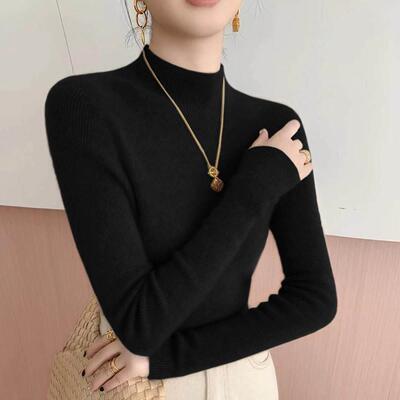 春季新款毛巧克力色长RKB针织衫领女装厚款打袖底上衣羊修身半高