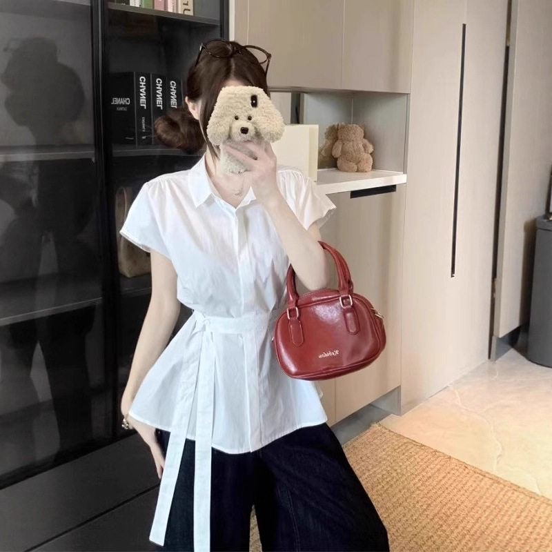 白色正肩短袖衬衫女夏季爆款大码胖mm中长款a字版遮肚子收腰上衣