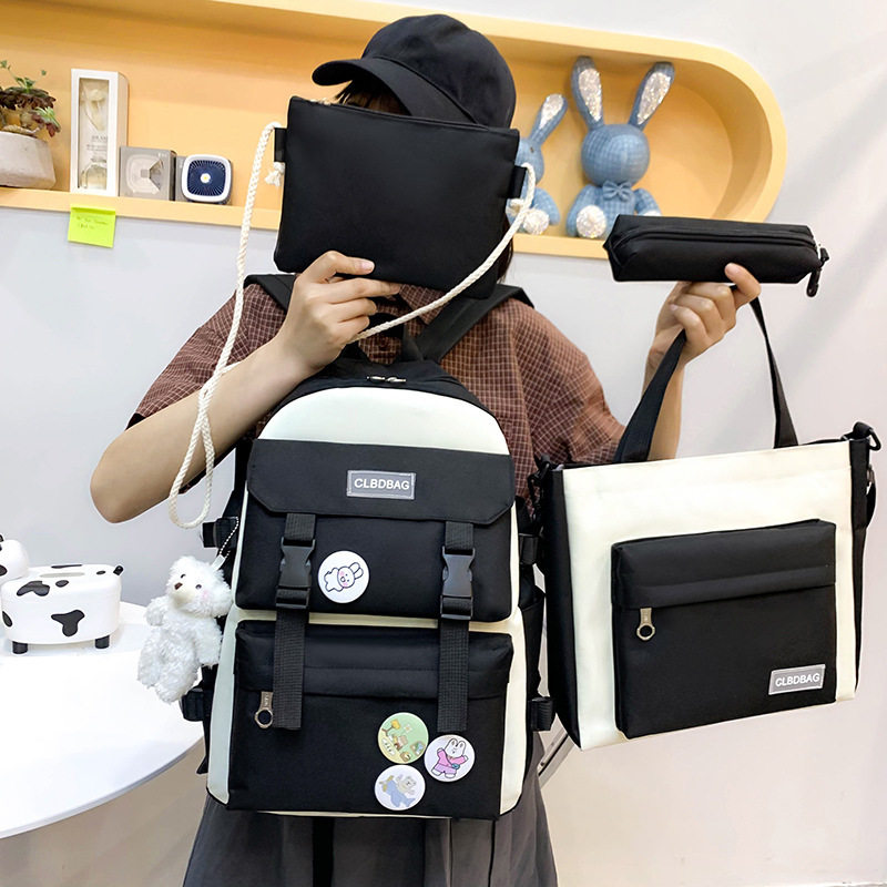 新款帆布中学生书包女韩版原宿大容量四件套高中学生双肩包可