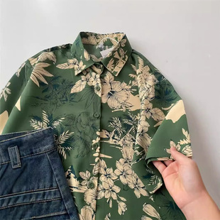 新款 韩版 宽松中长款 度假短袖 绿色花衬衫 开衫 女设计感小众夏季