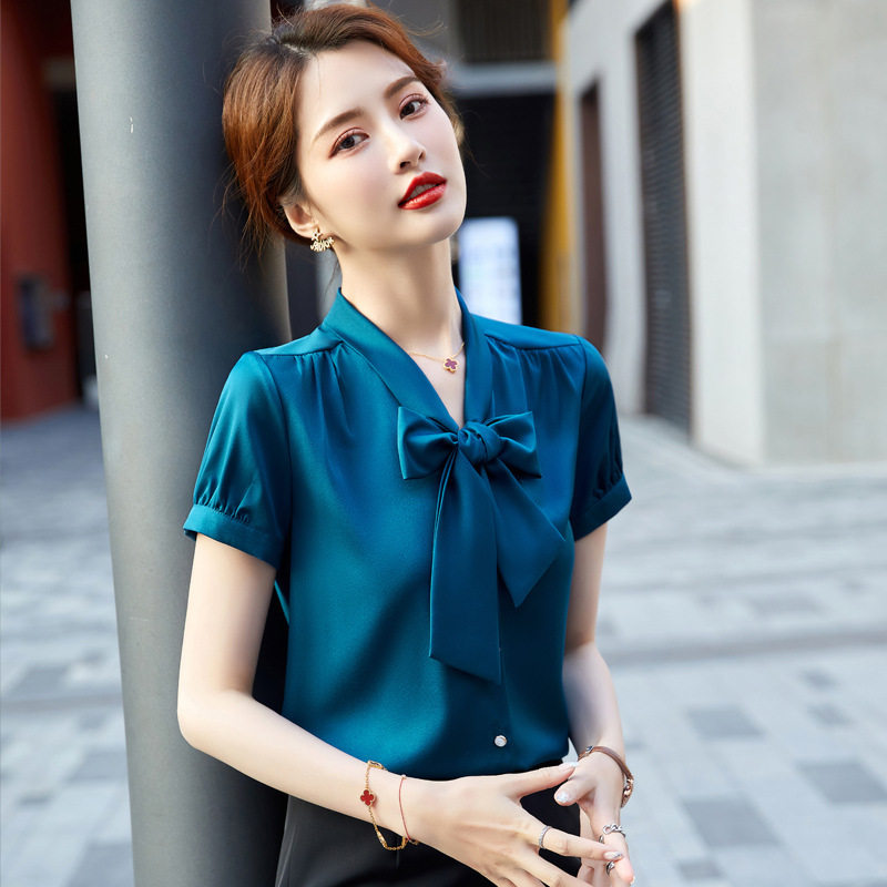 女士蝴蝶结衬衣面试教师工作服白领工装职业装女夏季短袖衬衫