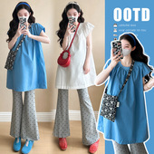 外穿托腹裤 孕妇装 百搭辣妈小个子宽松圆领衬衫 新款 2025夏季