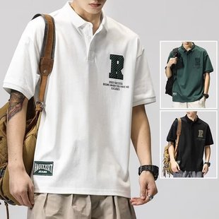 polo衫 夏季 印花体恤日系复古翻领潮流短袖 新款 男宽松T恤 上衣半袖