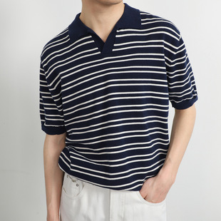 潮流百搭简约时尚 2025夏季 男短袖 新款 翻领t恤 V领冰丝条纹polo衫