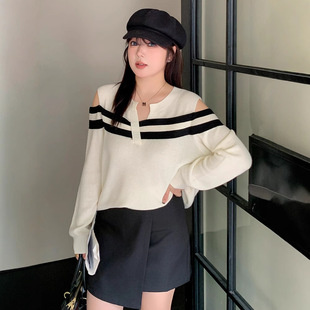 胖mm200斤宽松露肩针织衫 撞色条纹设计感上衣2024秋款 女 女装 大码