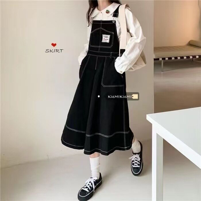 牛仔背带裙女2024夏季学生韩版宽松短款polo衫上衣+背带裙两件套
