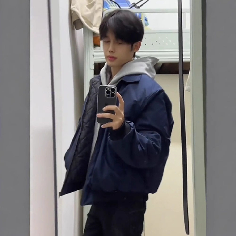 藏蓝色美式飞行员夹克棉服男款秋冬季高街cleanfit外套翻领棒球