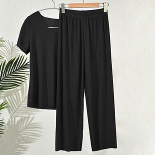 两件套装 外穿V领短袖 T恤薄款 短袖 时尚 夏季 家居服宽松阔腿裤 套装