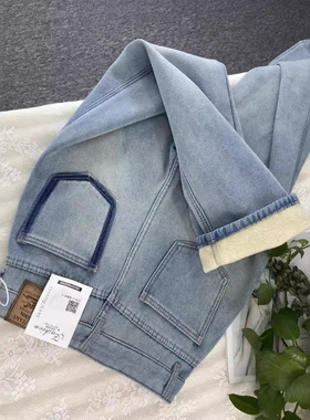 浅蓝色加绒直筒牛仔裤女2024冬季新款高腰显瘦宽松窄版阔腿拖地裤