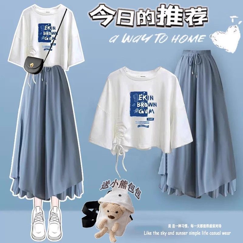 时尚初中学生连衣裙夏季新款少女印花短袖+高腰裙裤套装裙子高中