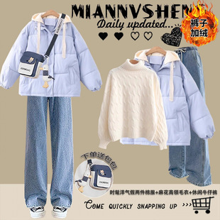 2025冬装新款少女加厚棉衣外套初中高中学生韩版假两件连帽棉服女