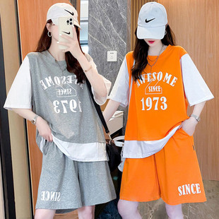 大码 短裤 假两件运动跨境新款 女宽松学生篮球服短袖 套装 夏季